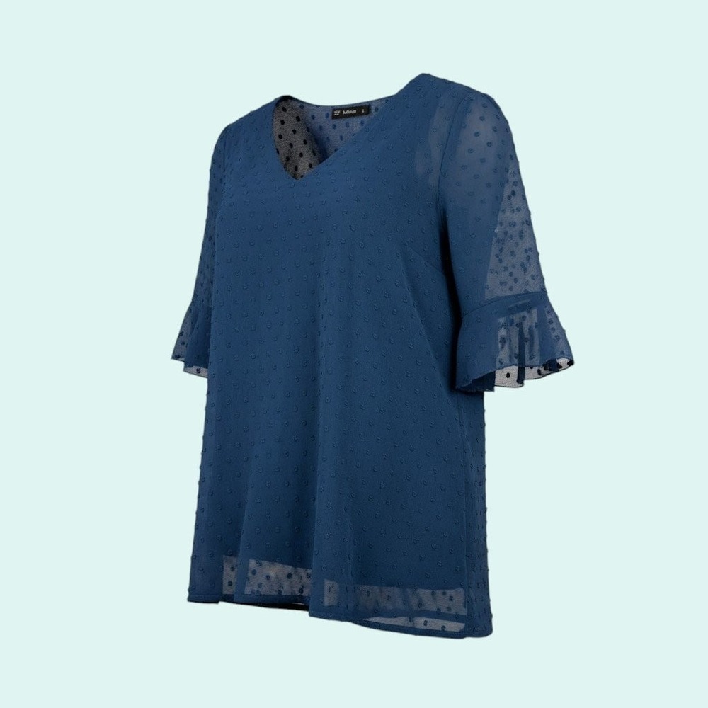 Aachoae Women's Teal Blue Size L Swiss Dot Bell Sleeve V-Neck Blouse Top